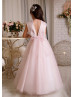 Pearl Neck Blush Pink Satin Tulle Ankle Length Flower Girl Dress